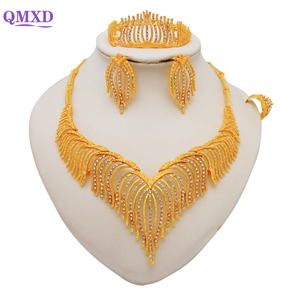 

Muslim Sets Dubai Gold Color Necklaces Sets For Women Girls Charm Pendant Bridal Wedding Crystal Tassel Morocco Jewelry Gifts