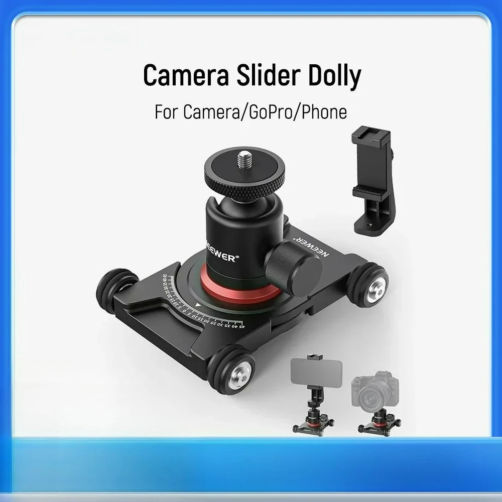 Camera Slider Dolly with Ball Head & Phone Clamp 4 Wheeled Tabletop Dolly Manual Skater with 360° Panorama
