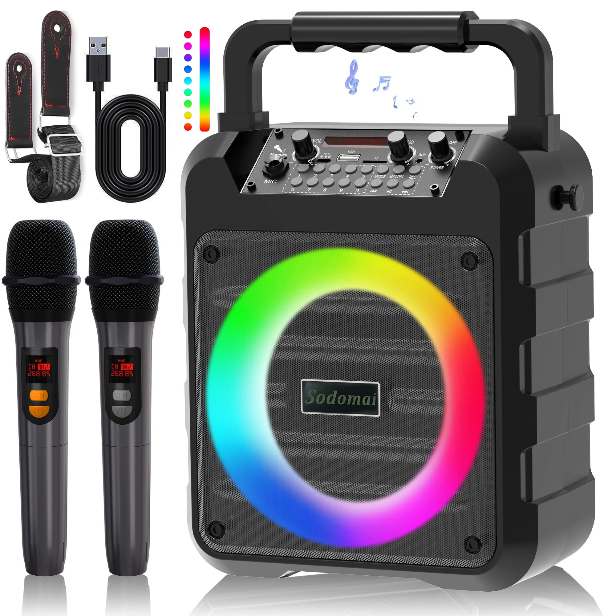 Karaoke Machine with 2 Wireless Karaoke Microphones, Portable Bluetooth Speaker Home Karaoke System with RGB Colorful Light