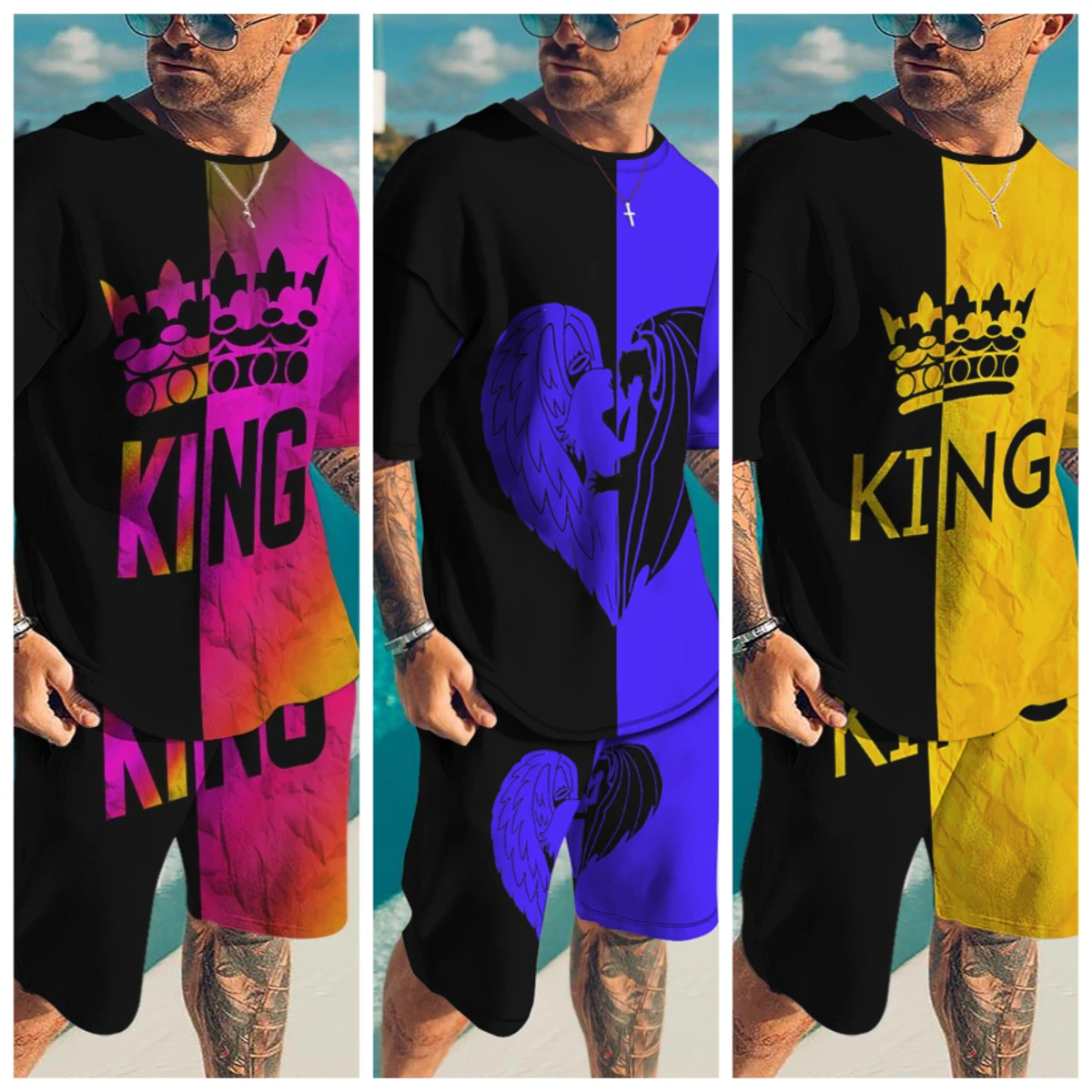 

Summer Men's Hot-selling Fashion Casual 3D Printing Men's Suit Breathable Quick-drying Comfortable Men's Crew Neck T-shirt Set