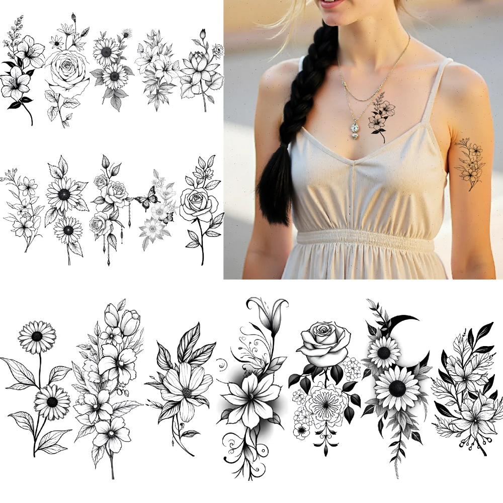 

9 шт., временные татуировки, татуировки-бабочки, линия искусства, татуировки с луной, татуировки с розами, водонепроницаемые, долговечные, наклейки на тело для рук, спины