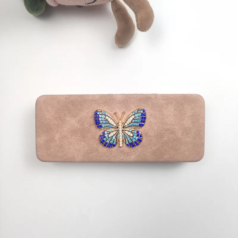 Women's Diamond-Encrusted Butterfly Pattern Portable Sunglasses Storage Case Luxury Eyeewear Accessories B2