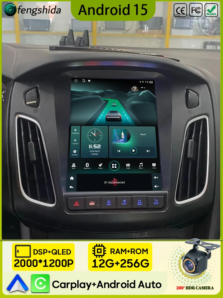 Autoradio Carplay 9.7 Inch Voor Ford Focus 3 Mk3 2011 2012-2019 Navigatie GPS Android Auto Android 15 5G Wifi Unit Geen 2din DVD - afbeelding 2