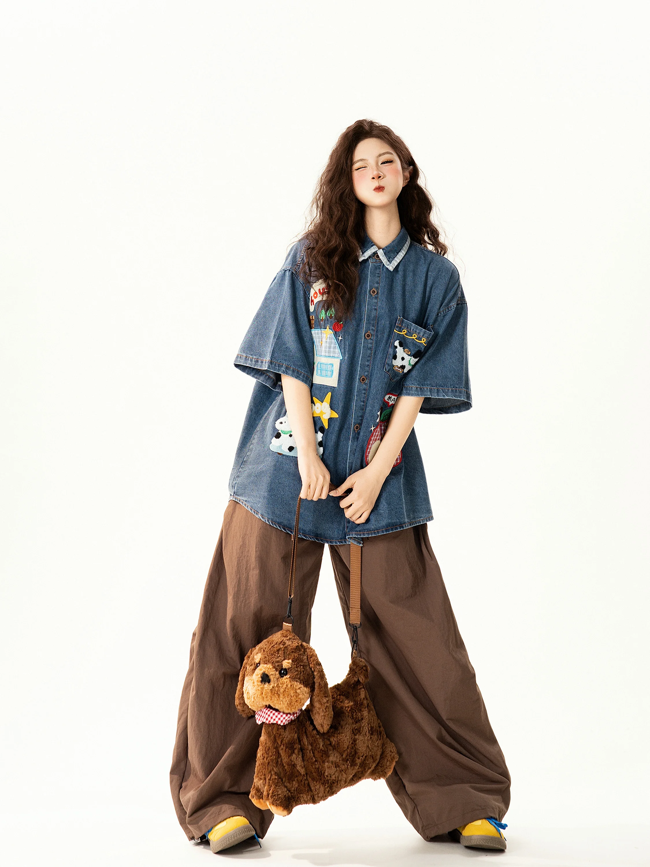 

Retro American Fun Dog Embroidery Denim irt Women Loose Casual Versatile ort Sve Trendy Street Sle Summer Casual Wear