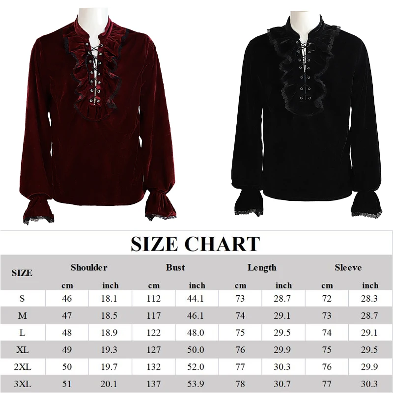 Medieval Gothic Mens Velvet Shirt Autumn Long Sleeve Lace Up Retro Velour Shirt Cosplay Party Stage Prince Costume Chemise Male