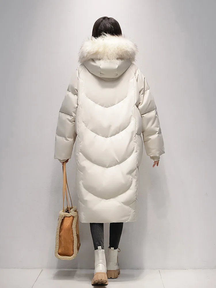 Giacche invernali donna 2024 piumini lunghi moda grande collo di pelliccia di volpe più spesso caldo piumino con cappuccio collo di vera pelliccia