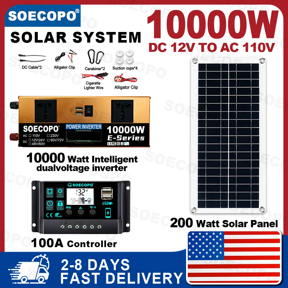

(США, 2–8 дней) SOECOPO, комплект солнечной генераторной системы мощностью 10000 Вт, инвертор с двойным напряжением, 110 В, 100 А, контроллер, 200 Вт, панель для дома/кемпинга