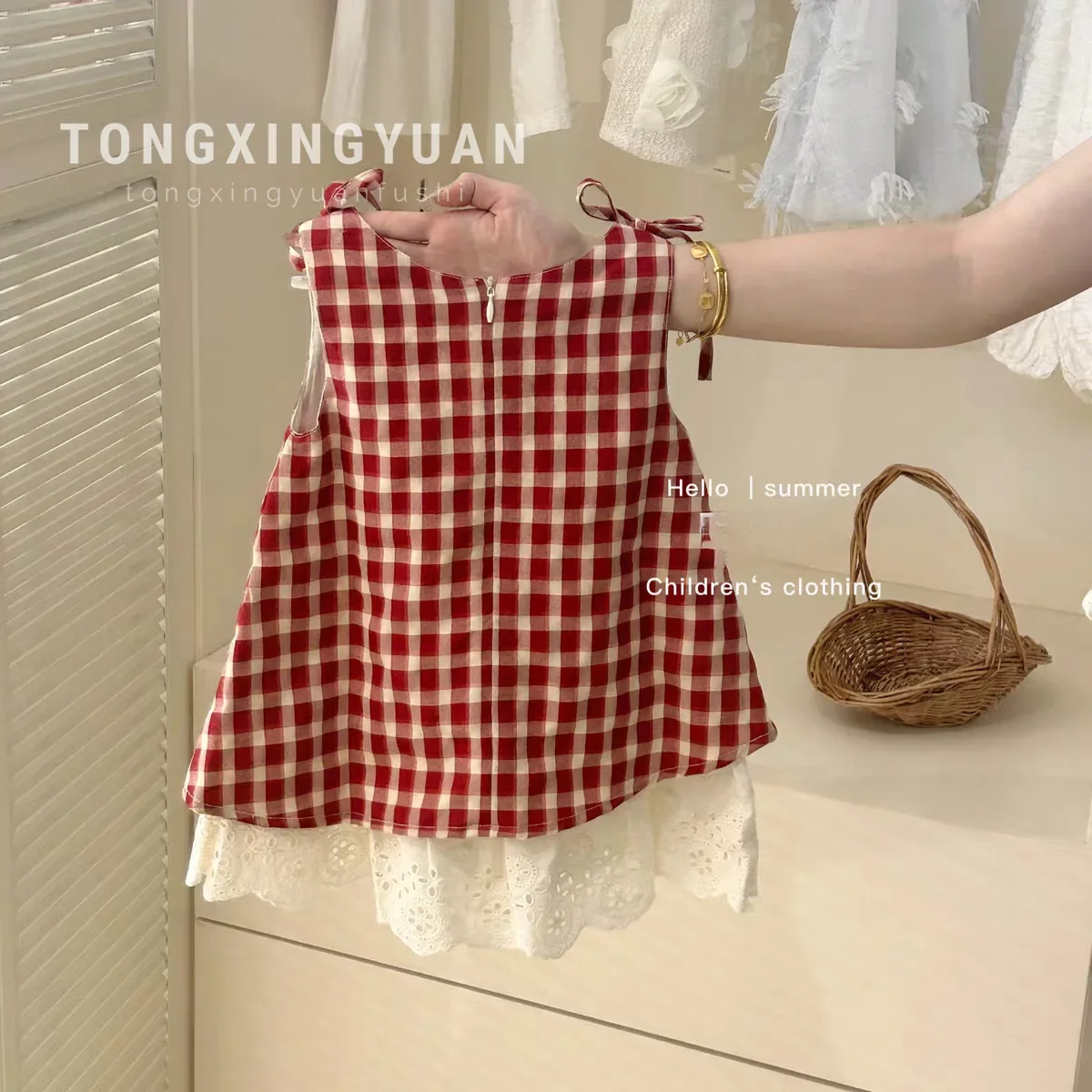 Children Clothing Girls Red Plaid Fake Two-piece Dress 2024 Summer New Children Baby Bow Vest Dress with Headscarf