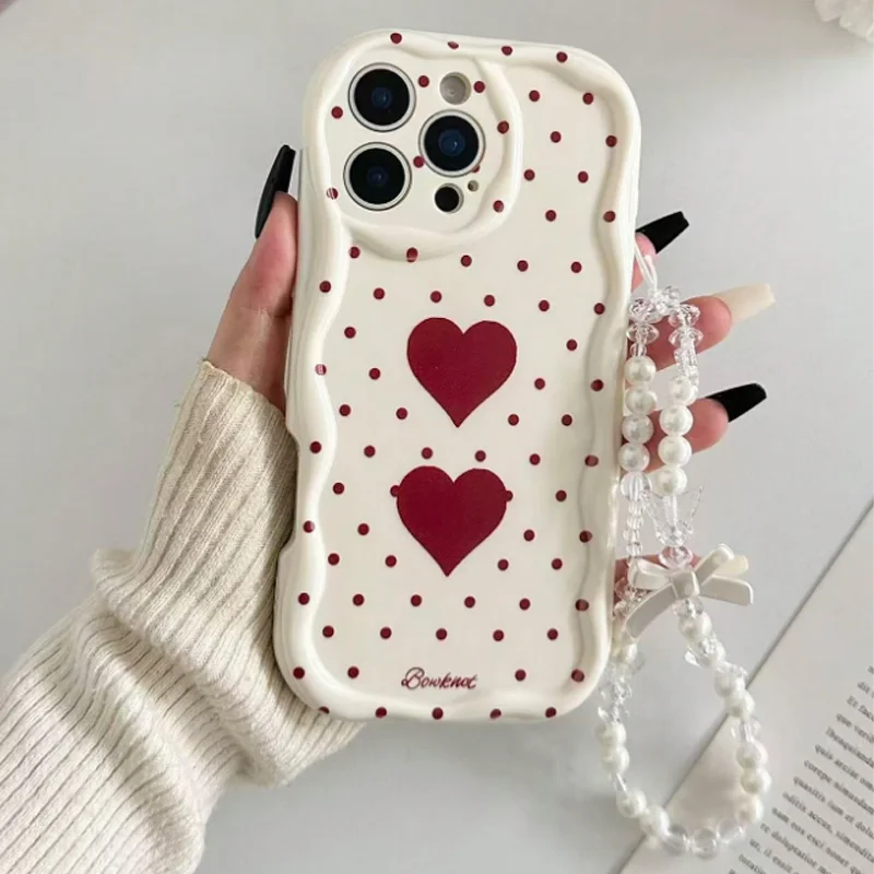 Cream Red Heart Phone Case For Samsung Galaxy A56 A55 A37 A36 A27 A57 A16 A17 S26 S25 S24 Ultra A07 A06 4G 5G Bracelet Strap