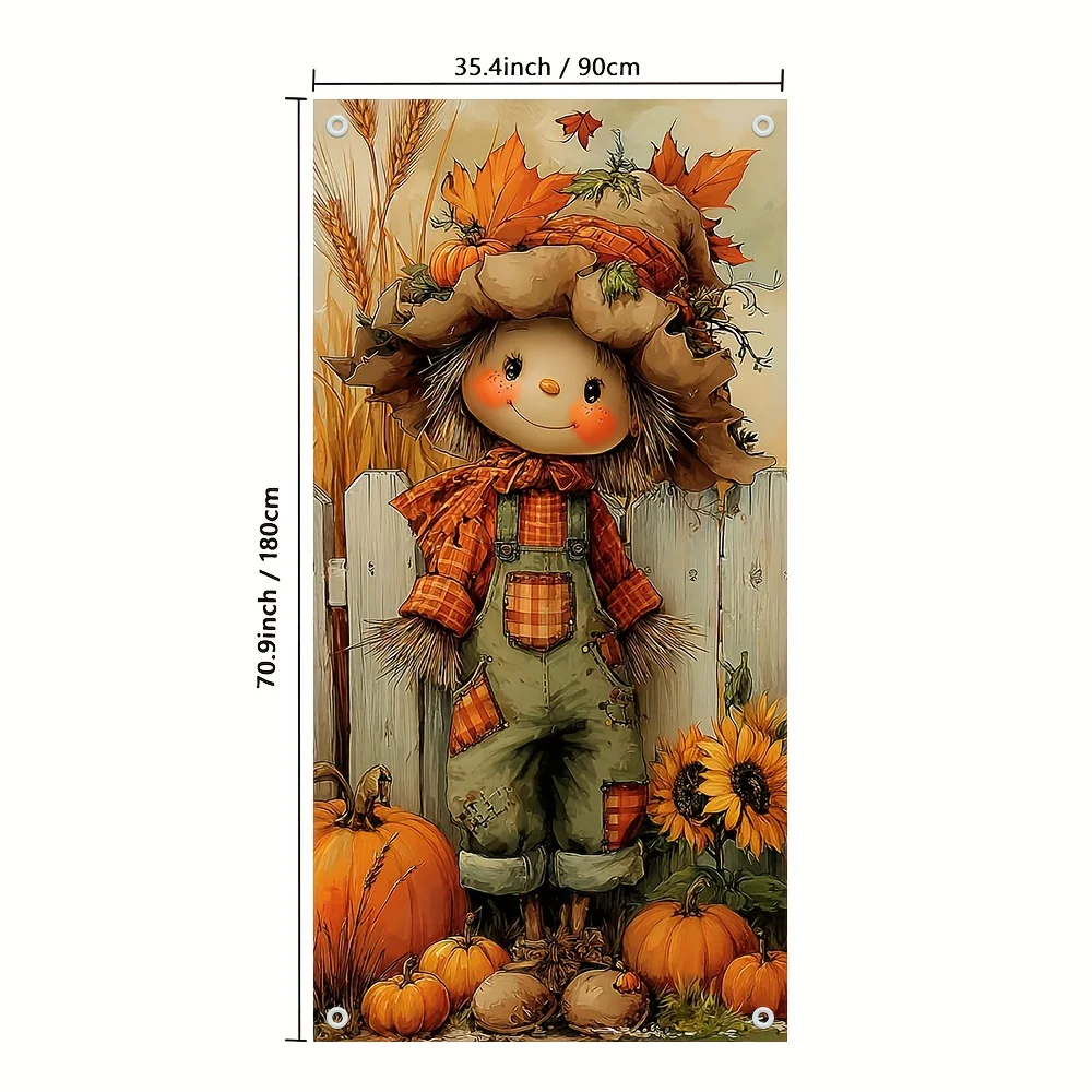 2D flat, 2D door banner, 1 cute scarecrow with sunflower and pumpkin door banner -2D flat printing seasonal autumn decoration view 6