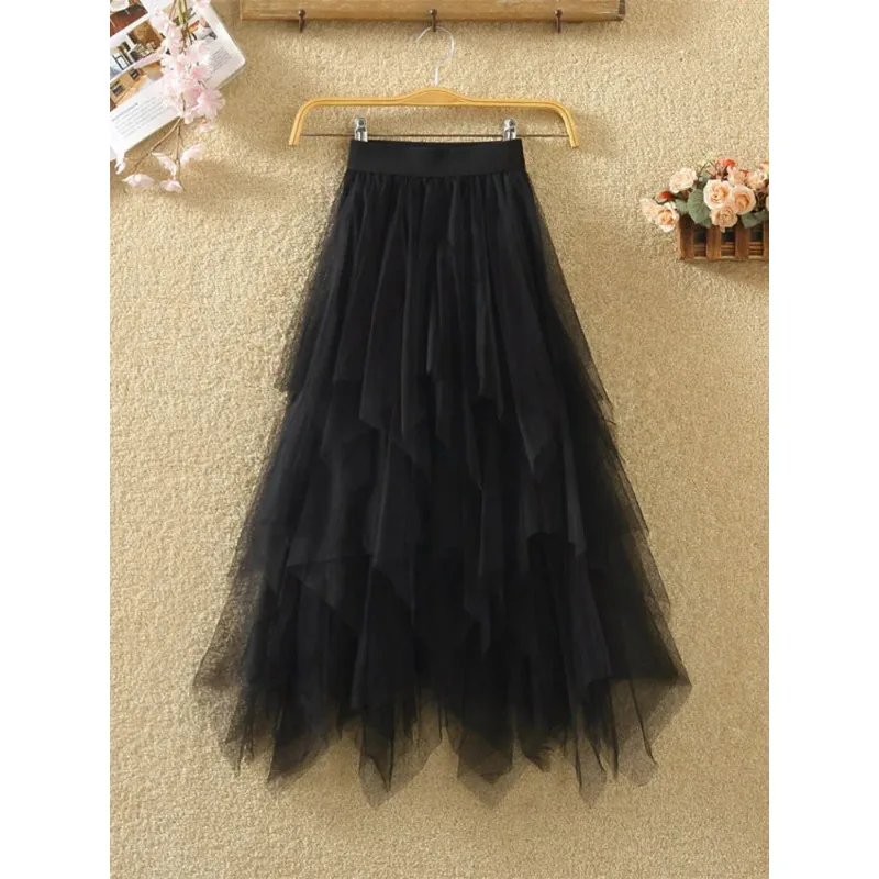 

Korean version mesh irregular skirt female student fairy group new cake pleated skirt medium and long gauze skirt