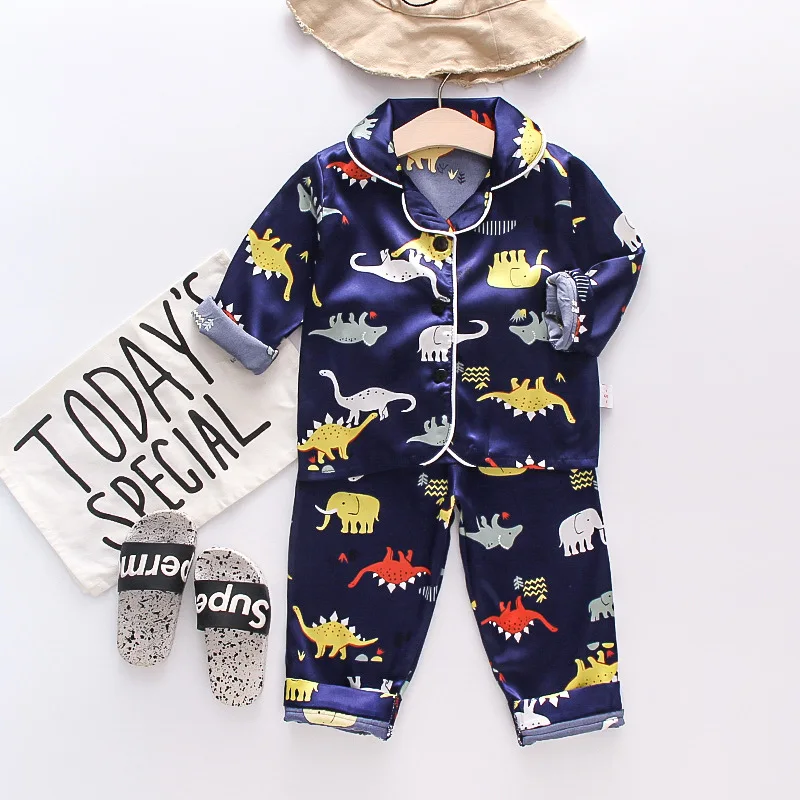 Children Silk Satin Pajamas Set Kids Cartoon soild Tops Trousers 2Pec Spring Autumn Baby Boys Girls Casual Home Sleepwear