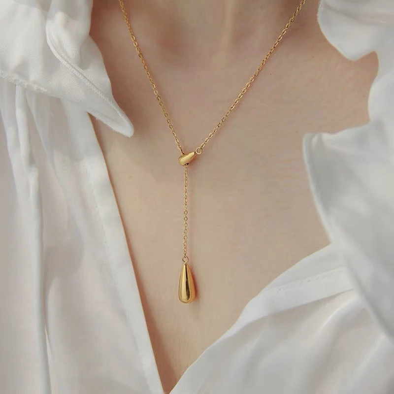 Never Fades 18K Gold Titanium Steel Layering Necklace Dainty Double Waterfrop Y Necklaces for Women Girls Mom