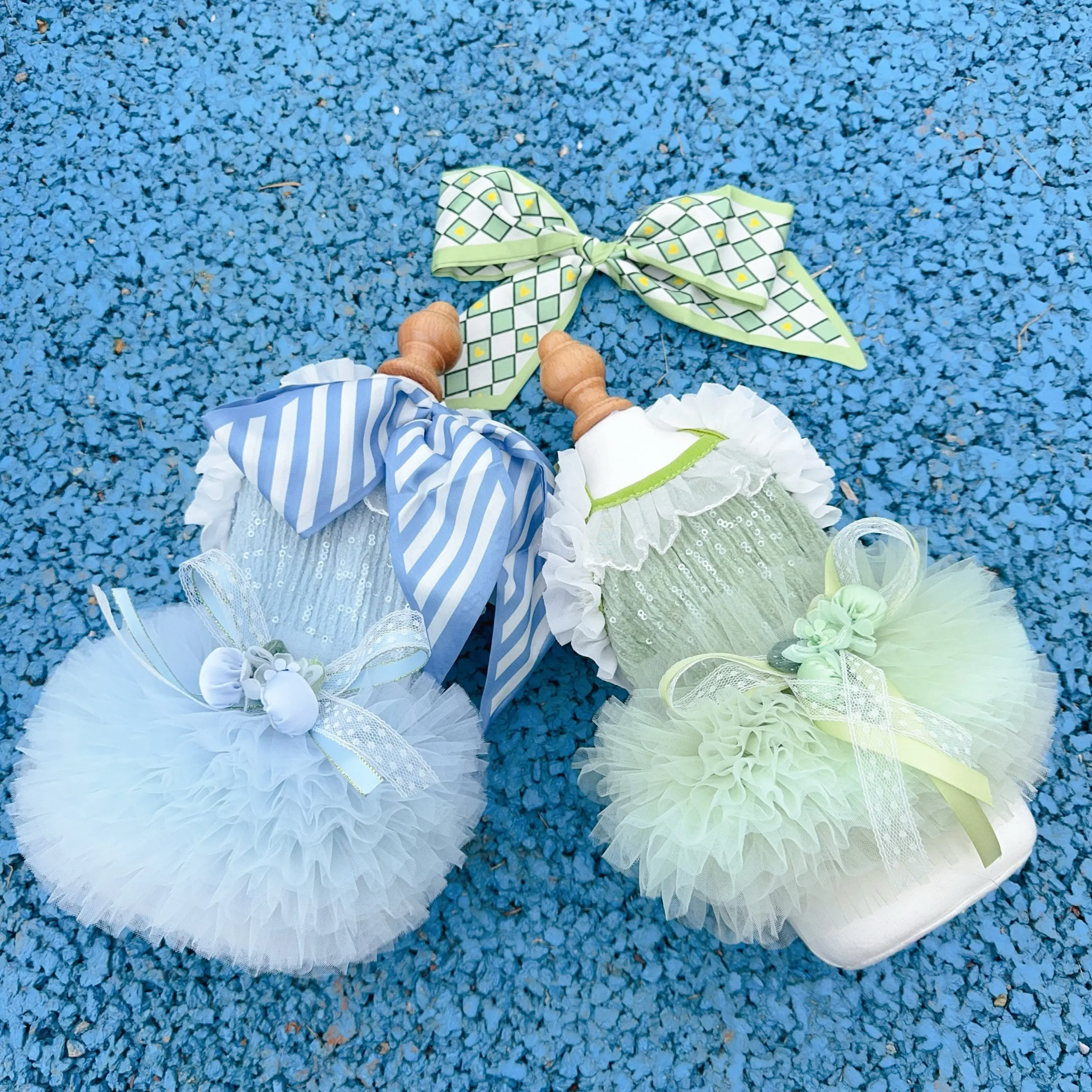 

Pet Cat Dog Clothes Spring Summer Blue Green Lace Pet Dress with Flower Bow for Small Medium Dogs