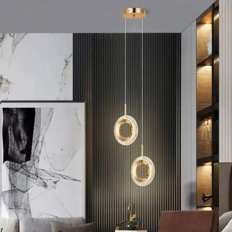 Modern golden LED pendant light for kitchen, dining room, living room, four ring adjustable pendant light, luxurious crystal pen