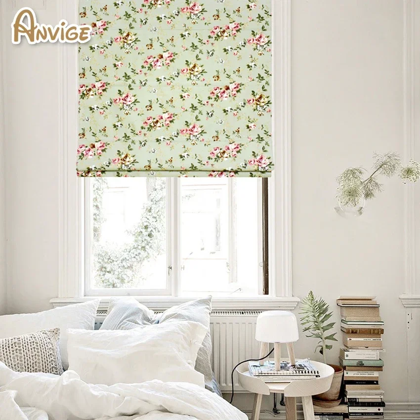 Anvige Motorized Pastoral Flower Rose Printed Roman Shade Rollor Blind Window Curtains For Living Room