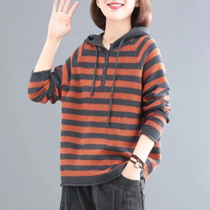 Striped Hooded Autumn Women's 2024 New Patchwork Button Drawstring Fashion Loose Minimalist Casual Long Sleeved Knitted Tops