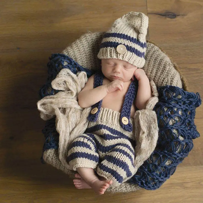 U6XE Baby Striped Knitted Hat and Jumpsuit Newborn Baby Boys Crochet Knit Costume Photography Prop Outfits Photo