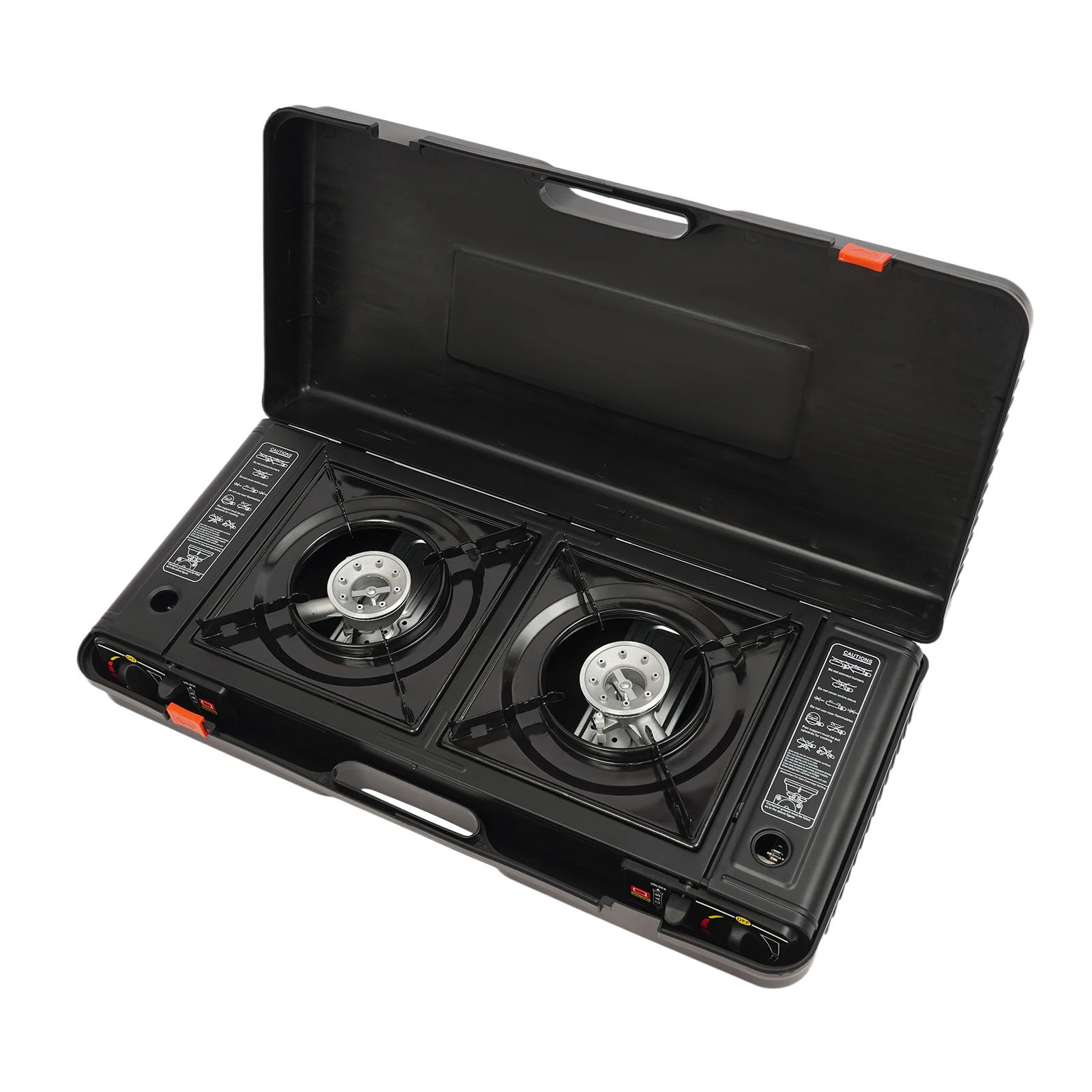 

Metal Portable Gas Camping Stove(63*26*12cm) with Baking Tray (45*24cm) and Case, 2 Burners Stove for Party,Hiking,Travel etc