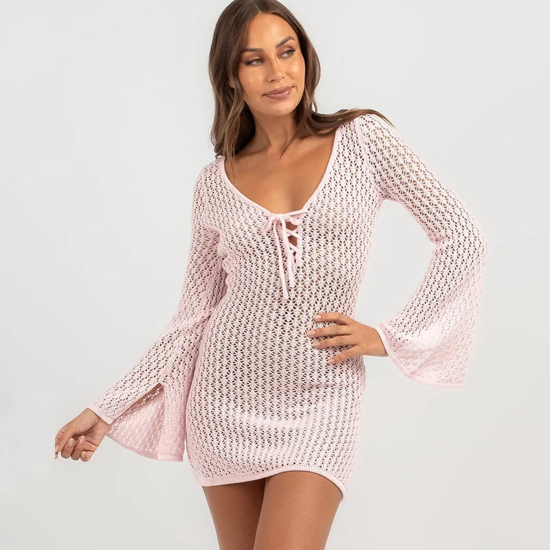 Vestido de punto con espalda descubierta para mujer, de punto V profundo con encaje en traje de baño, manga larga, crochet, Sexy, Verano