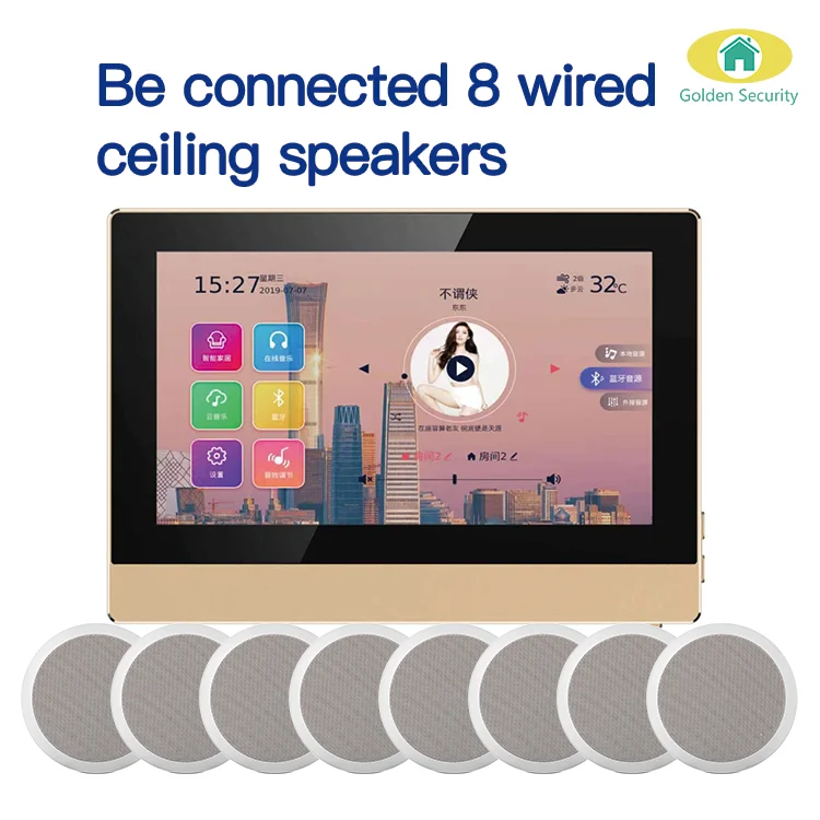 7 inch touch screen music center control panel supports 8 -way ceiling speaker for smart home working with tuya APP