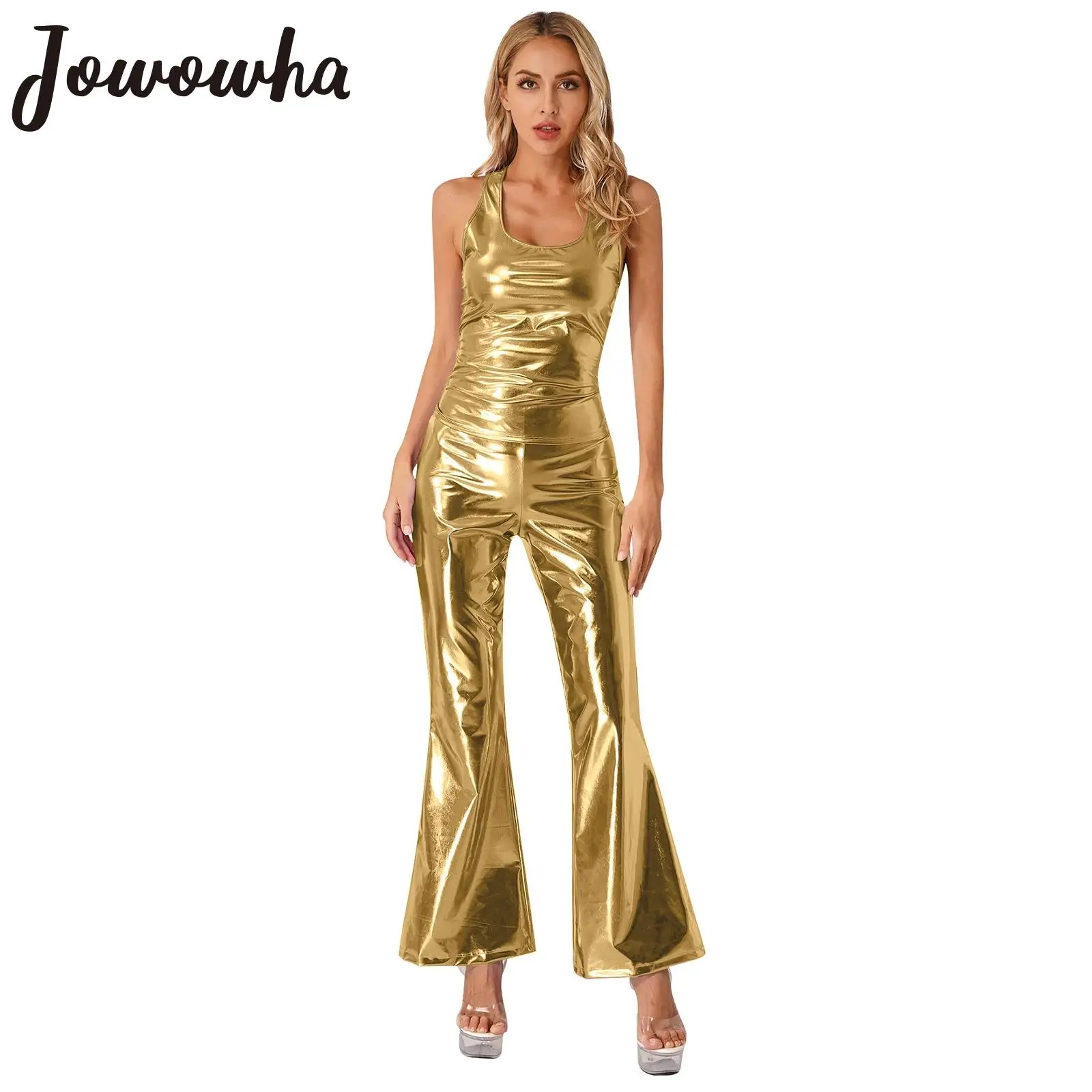 Womens Disco Dance Clubwear Metallic Shiny Sleeveless Tank Top Elastic Waistband Flare Pants 70\'s Theme Party Cosplay Costume