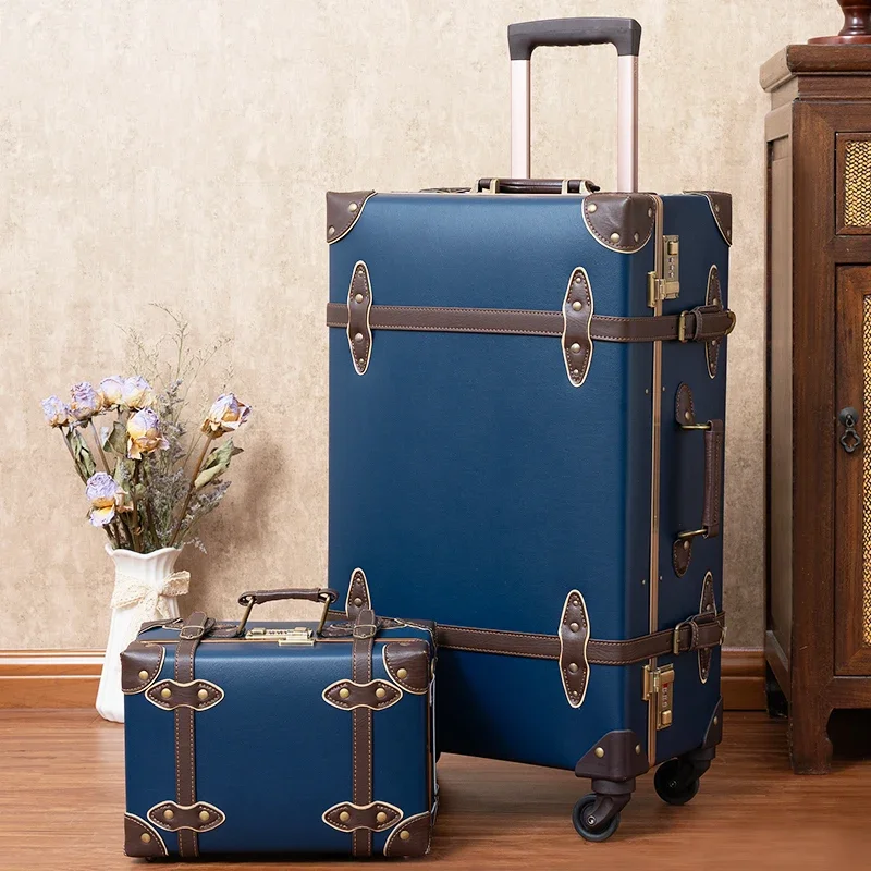 Classic Retro Suitcase 20/24/26 Inch PP+PC Travel Luggage Large Capacity Handmade Leather Suitcase Travel Set with Makeup Case
