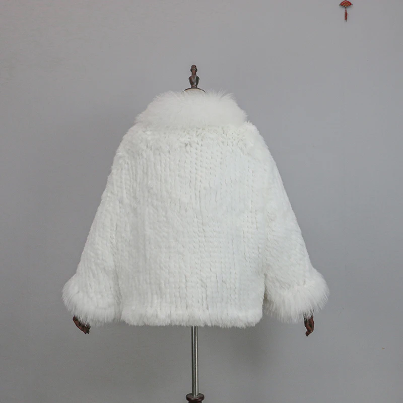 New Extra Long Real Genuine Natural Knitted Rabbit Fur Shawl Coat with Fox Fur Collar Women's Fashion Knit Jacket Cape