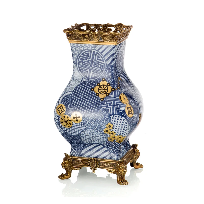 Custom Home Decor Luxury Vase Ceramic Porcelain Vintage Antique Blue Gold Metal Flower