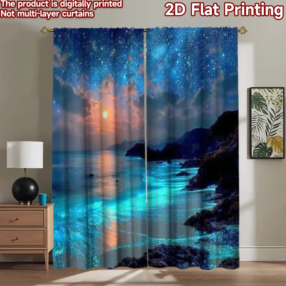 

2D flat printing 2pcs Curtains Bioluminescent Ocean Moonlit Beach Digital Printed Polyester Drapes Festive Holiday for New Year