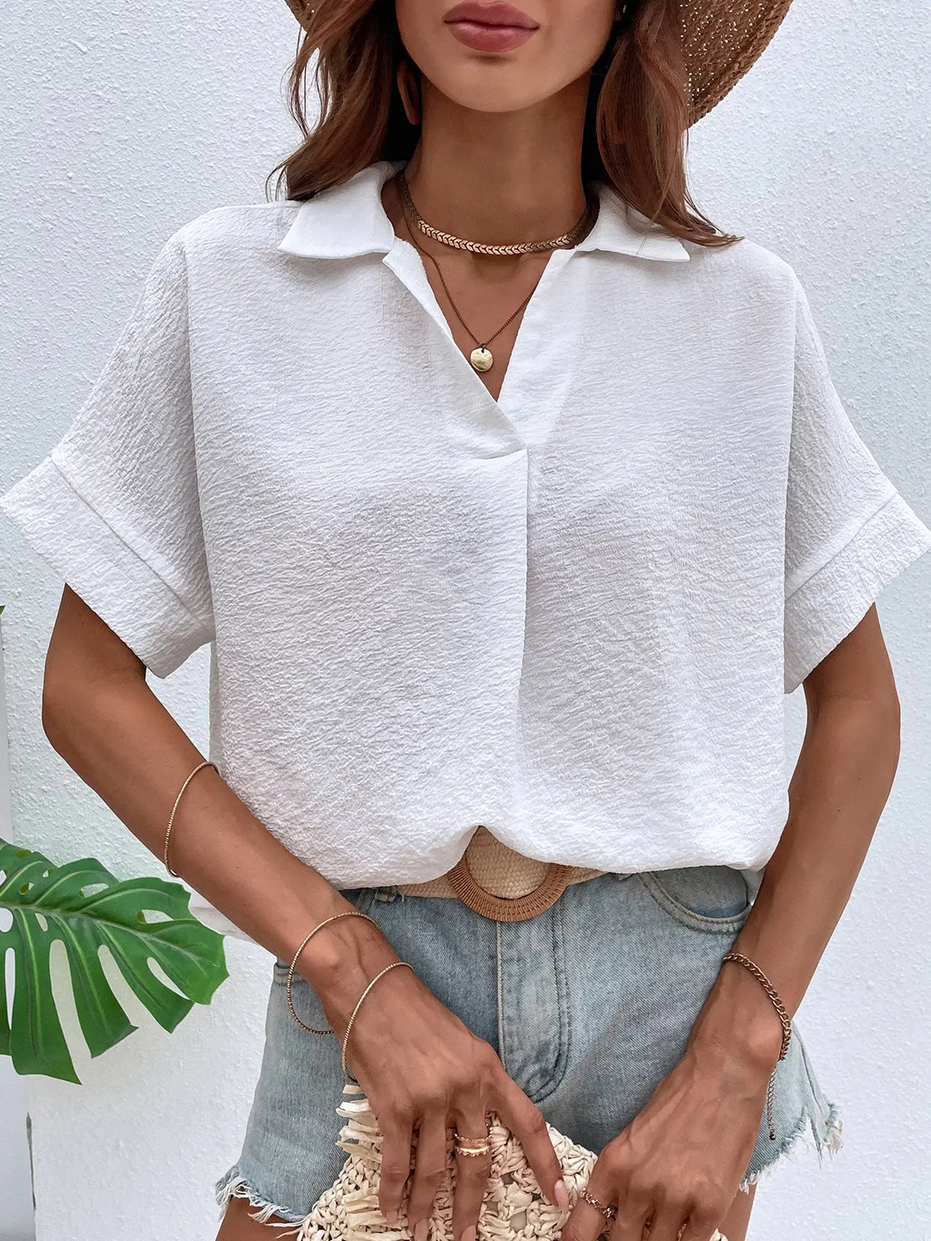 Ladies Solid Color Lapel Neck Blouse Casual Batwing Sleeve Blouse Women Tops Shirts