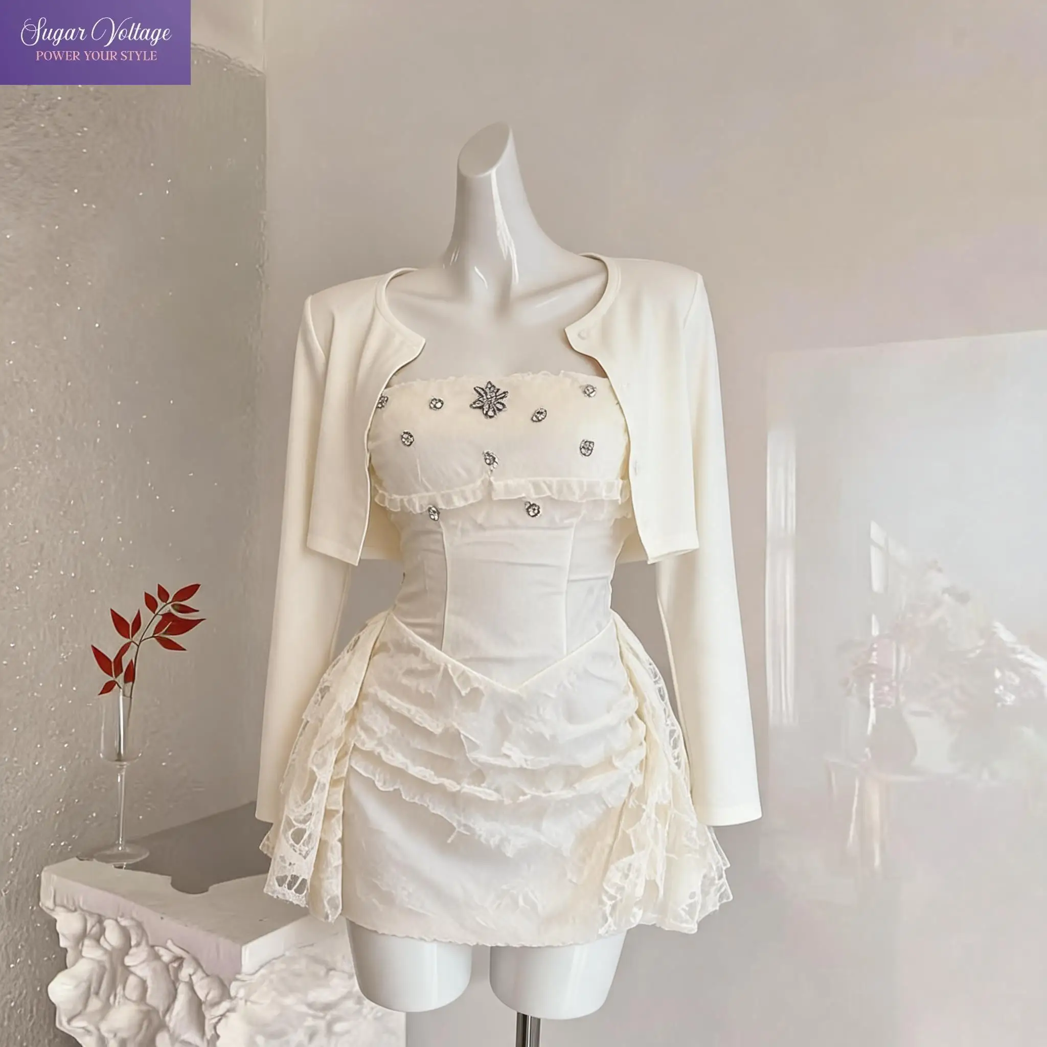 

French Coquette Spaghetti Straps Mini Dress Women Rhinestone Decor Lace Ruched Corset Slim Fit Elegant Party Date Night Outfit
