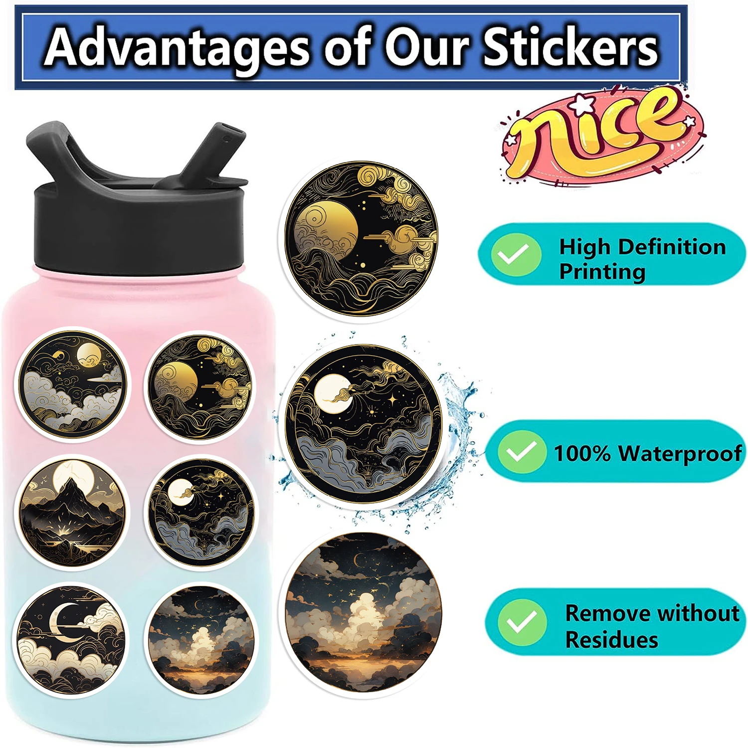 50pcs Graffiti Black Gold Moon Stickers For DIY Guitar Laptop Phone Travel Luggage Motorcycle Skateboard Scrapbooking﻿