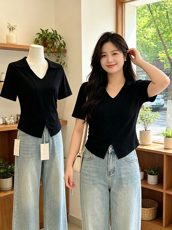 

Slim Fit Short Sleeve T-Shirt Women's Design Collar plus Size Summer 2026 New Style Wood Grain Casual Fashion Top