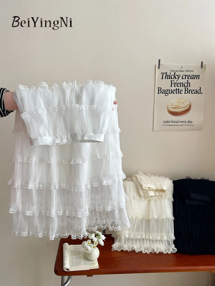 

Юбка-миди Beiyingni в французском стиле, весна-лето, с сетчатыми и кружевными вставками, многоярусная, длинная, белая, черная, для женщин