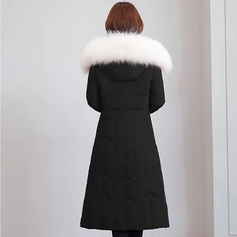 Fashion New Thick Knee Length Cotton Coat Winter Jackets Slim Women Parkas Big Fur Collar Solid Hooded Outerwear Female Trend