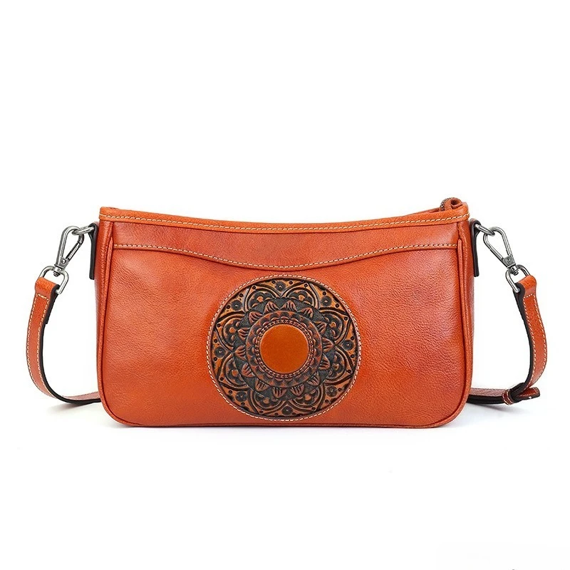 Vintage Embossed Everyday Mini Shoulder Bag for Women Genuine Leather Vegetable Tanned Adjustable Shoulder Strap Luxury Handbag