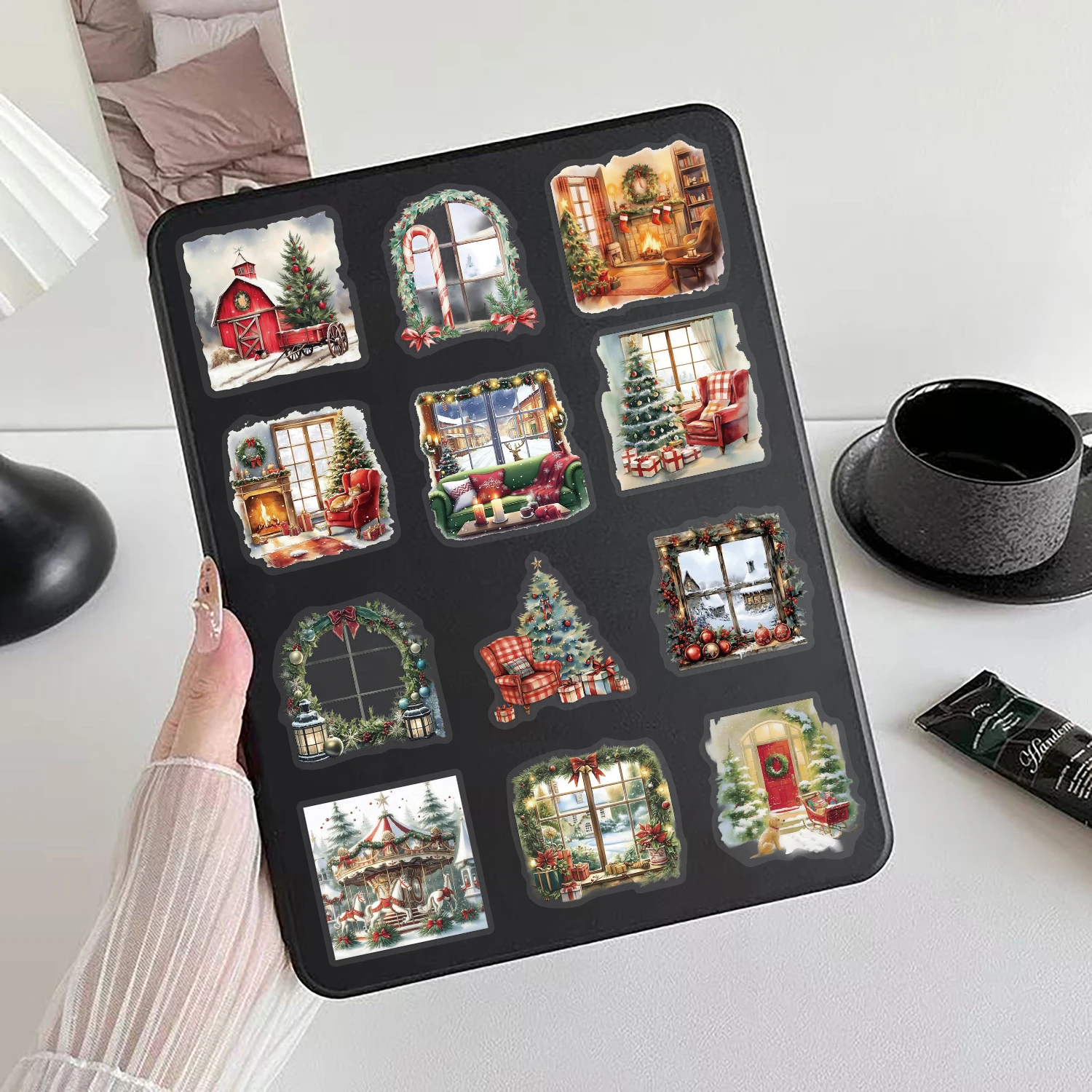 50 pezzi di scena natalizia per acquerello, adesivi trasparenti per graffiti della vigilia di Natale, decalcomanie decorative impermeabili per regali per feste per bambini