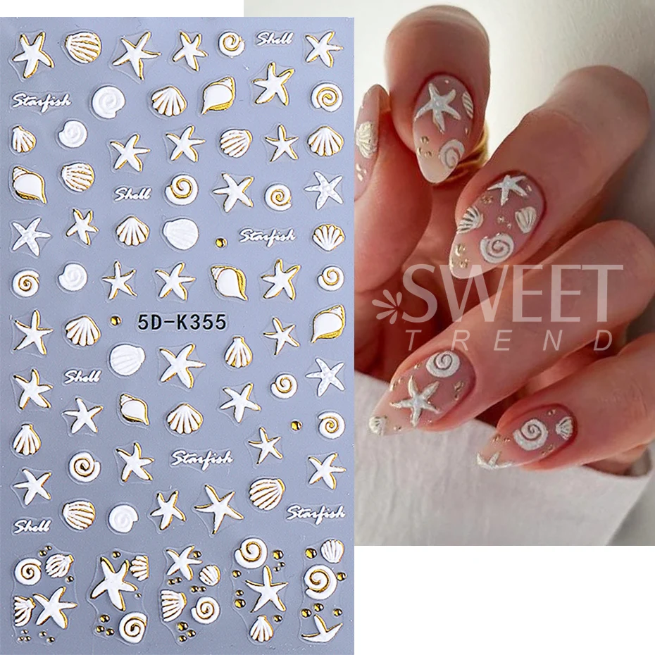 5D Oro bianco Animali dell'oceano Adesivi per unghie in rilievo Conchiglie di mare metalliche Conchiglia Stella marina Decalcomanie per unghie Decorazione Cursore per manicure fai da te