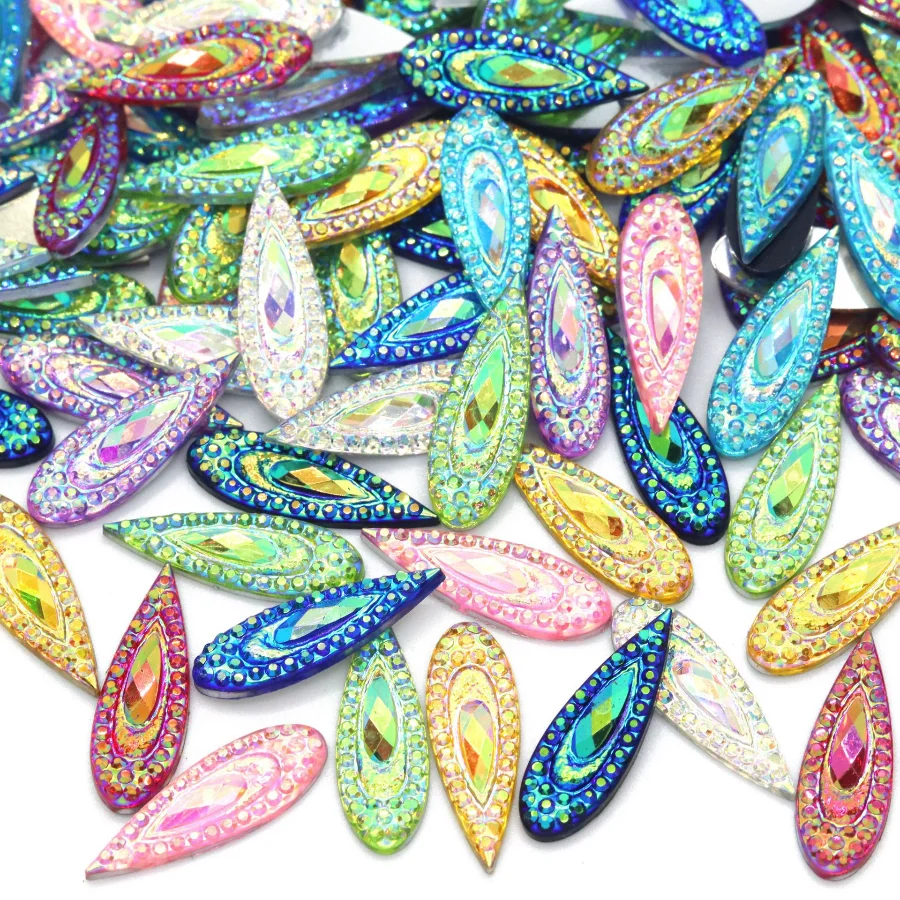 60Pcs New 7x21mm long water droplet colorful phoenix tail resin eyebrow center Rhine stone DIY dance clothing accessories