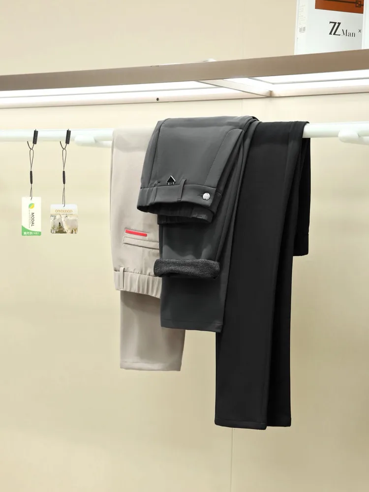 

Мужские повседневные брюки из модала с шерстяной подкладкой, прямого кроя, для активного отдыха и деловых поездок, влагоотводящие