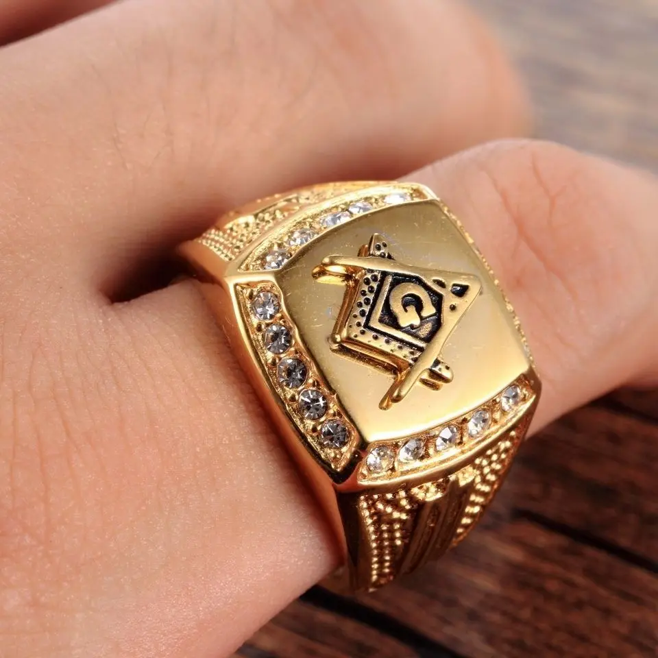 316L Stainless Steel Cool Gold Color Freemason Ring Men Hip Hop Iced Out Bling Crystal Masonic Rings Fashion Jewelry