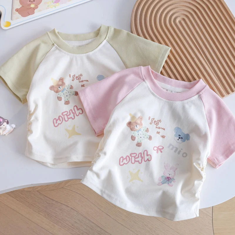 

KXKM-Summer Kindergarten Korean Style Cute Cartoon Short Sleeve for Baby Girls25New Trendy Color Block Breathable Short SleeveTT
