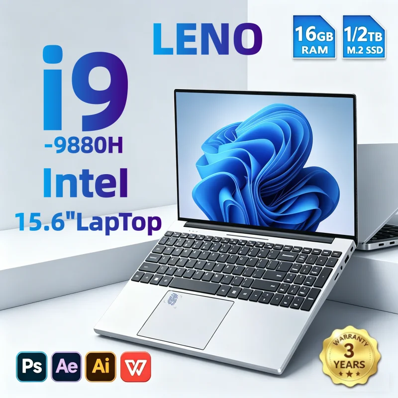 2026LENO 15.6 Inch Laptop Intel i9-9880H 32GB RAM 2TB SSD 1920*1080 FHD Display Windows 11 Gaming Office Study Portable Notebook