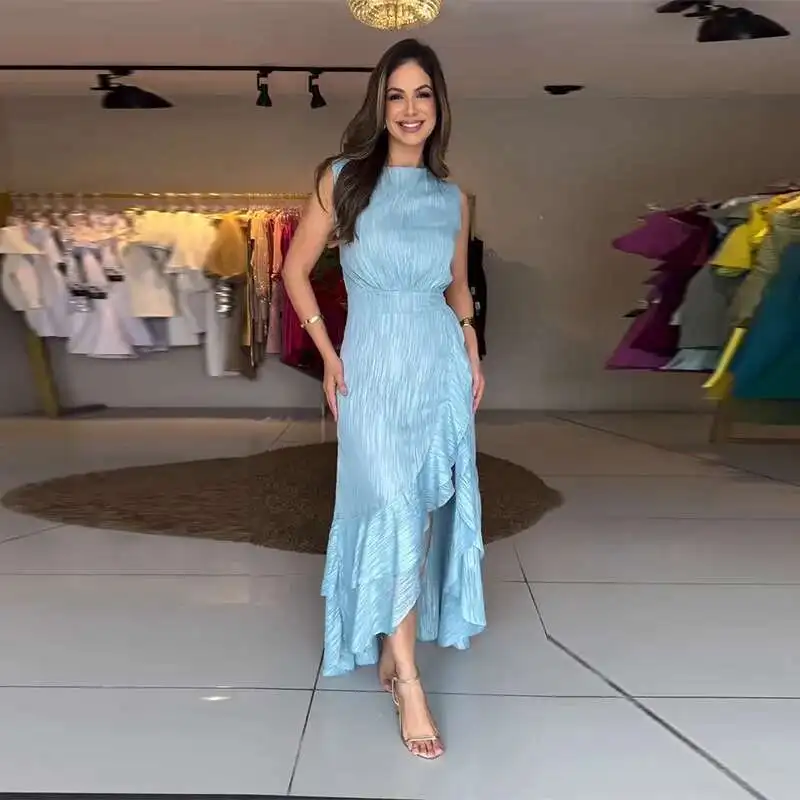 

Summer New 2025 Women's Round Neck Sleeveless Irregular Ruffle Split Dress Harajuku 2025 Summer Dress Robe Vestido Women Elegant