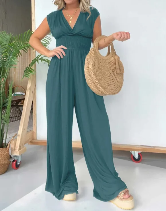 Women One Piece Solid Jumpsuits Sleeveless V Neck High Waist Rompers Y2k Wide Leg Long Pants Overalls Loose Casual Elegant