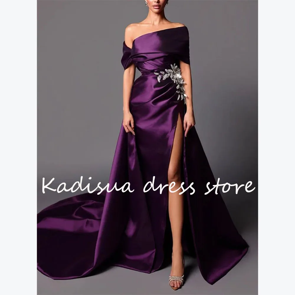 Luxuriöse Satin-Abendkleider, ärmellos, trägerlos, Kapellen-Schleppe, Kleider für besondere Anlässe, seitlich geteiltes Abendkleid für Frauen, Vestidos