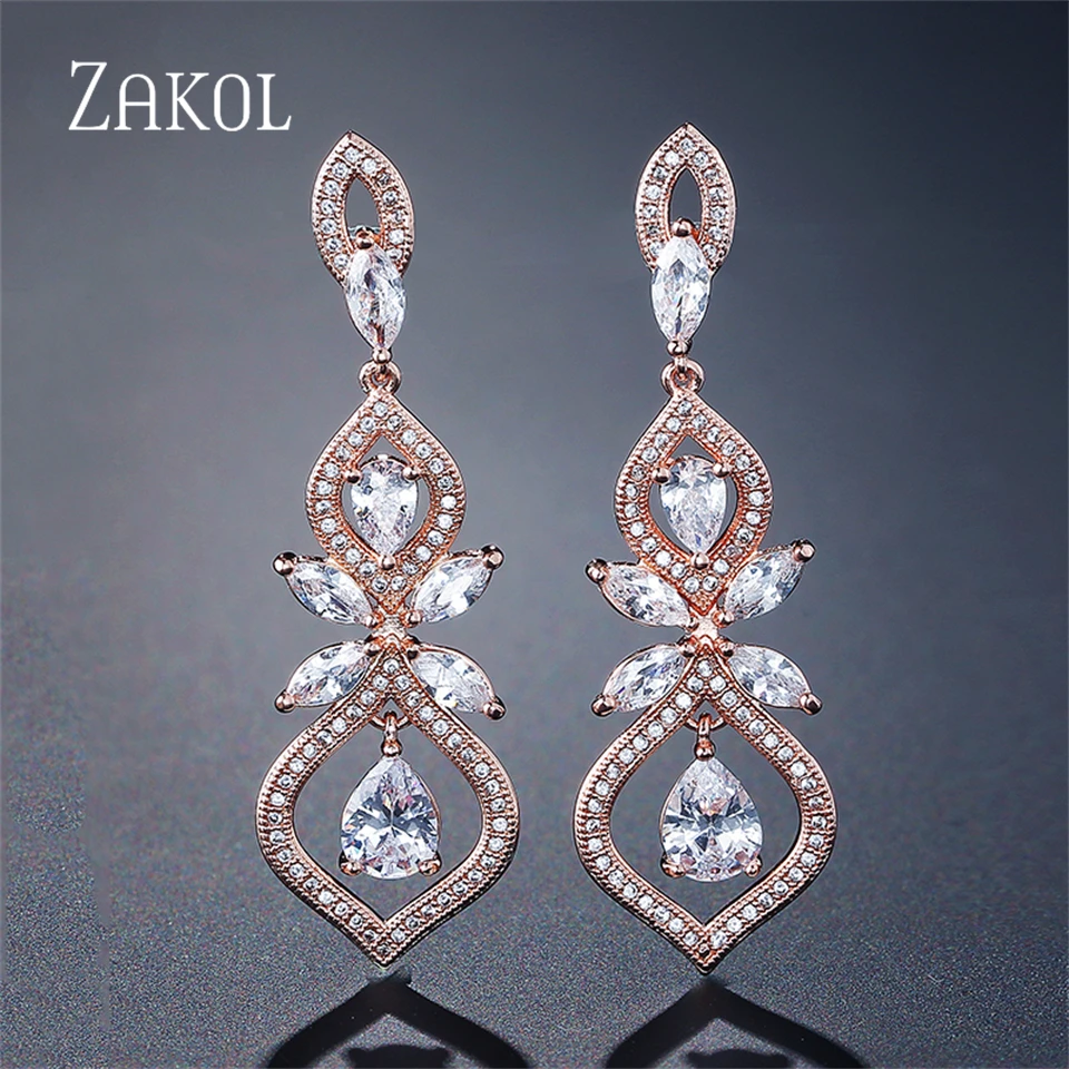 ZAKOL New Heart Zircon Pendant Earrings For Women Long Hollow Crystal Inlay Drop Earring Luxury Bridal Wedding Jewelry Gifts