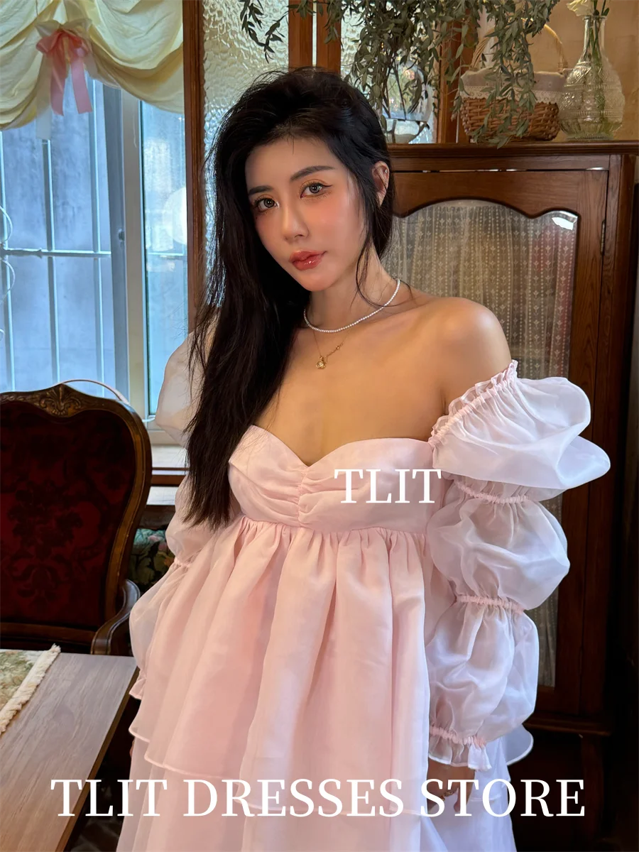 TLIT เอลิแกนซ์ เบบี้ พิงค์ ออร์แกนซ่าชุดราตรีหวานใจปิดไหล่แขนปกติทูลชุดราตรีที่กำหนดเอง فساتين