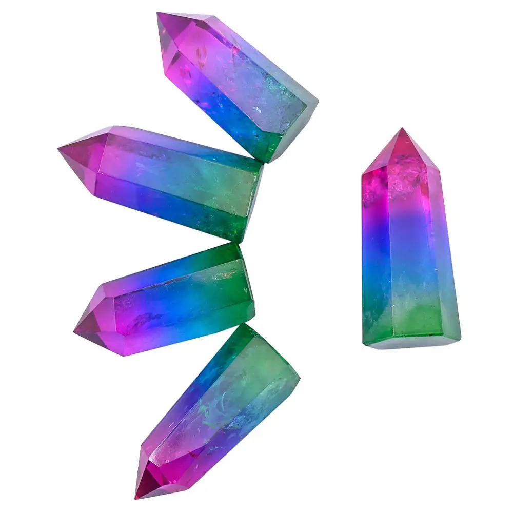 Multicolor Titanium Coated Healing Natural Rock Quartz Prism Hexagonal Point Faceted Carved Figurine Jewelry Specimen